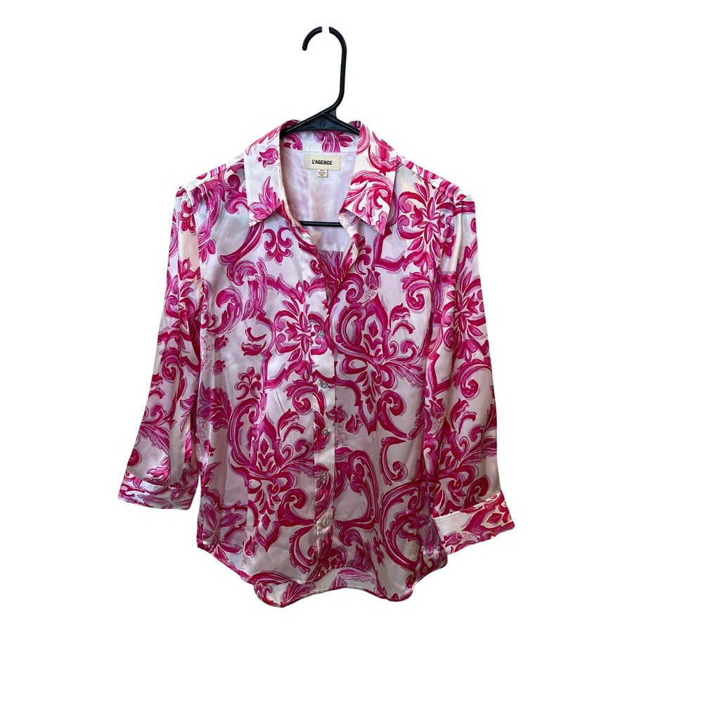 L'AGENCE Pink White Damask Scroll 100% Silk Button Down‎ Blouse XS/T Long Sleeve
